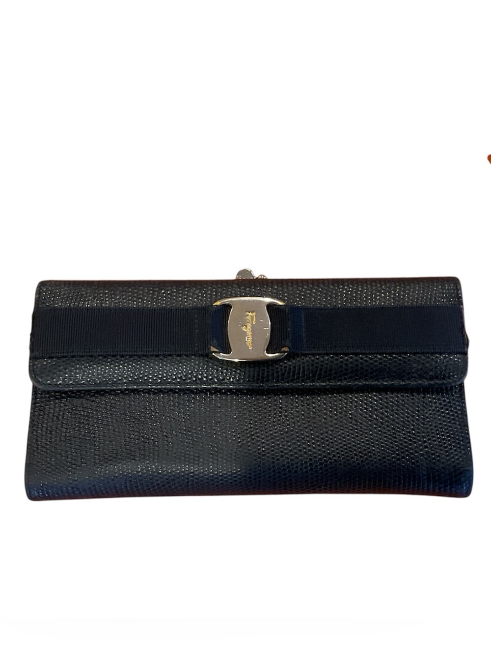 Salvatore Ferragamo Black Lizard-Embossed Long Wallet - Made in Italy
